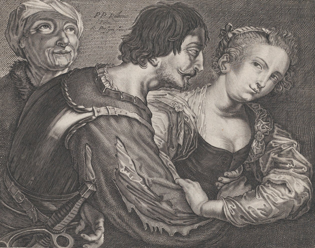 Köparen: en gammal kvinna, en soldat och en kvinna, ca. 1635-68. av Reinier van Persyn