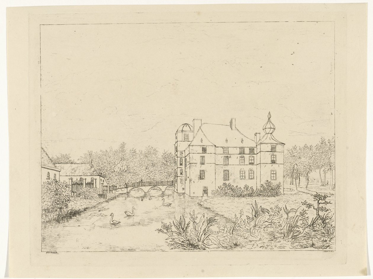 Sidovy av slottet Cannenburch med hus vid ingångsbron av Reinierus Albertus Ludovicus baron van Isendoorn à Blois