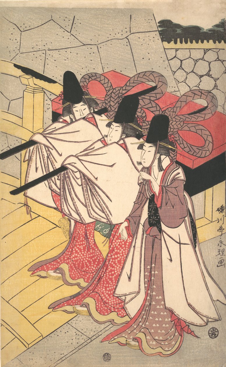 Prins Genji återvänder till sitt palats där hans fru väntar på honom, ca. 1797., ca. 1797. av Rekisentei Eiri