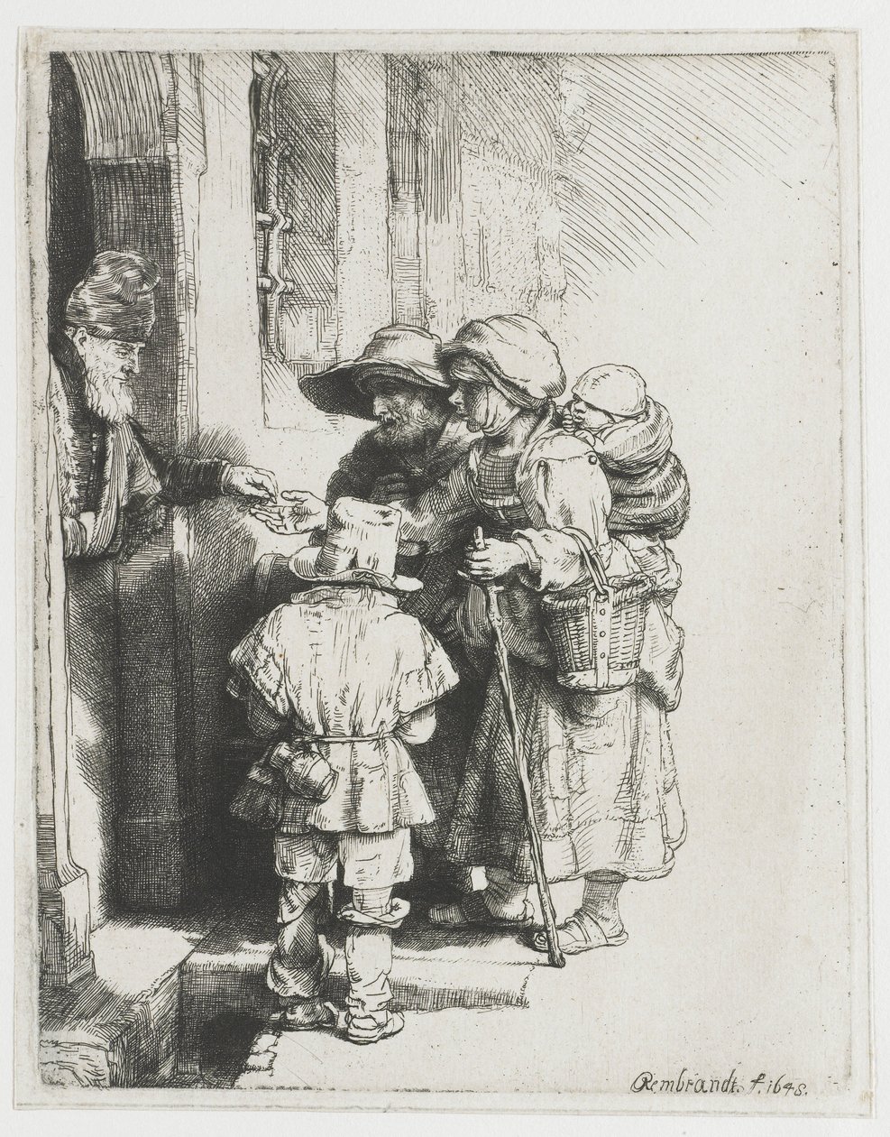 A Blind Hurdy-gury Player and Family Receiving Alms av Rembrandt van Rijn