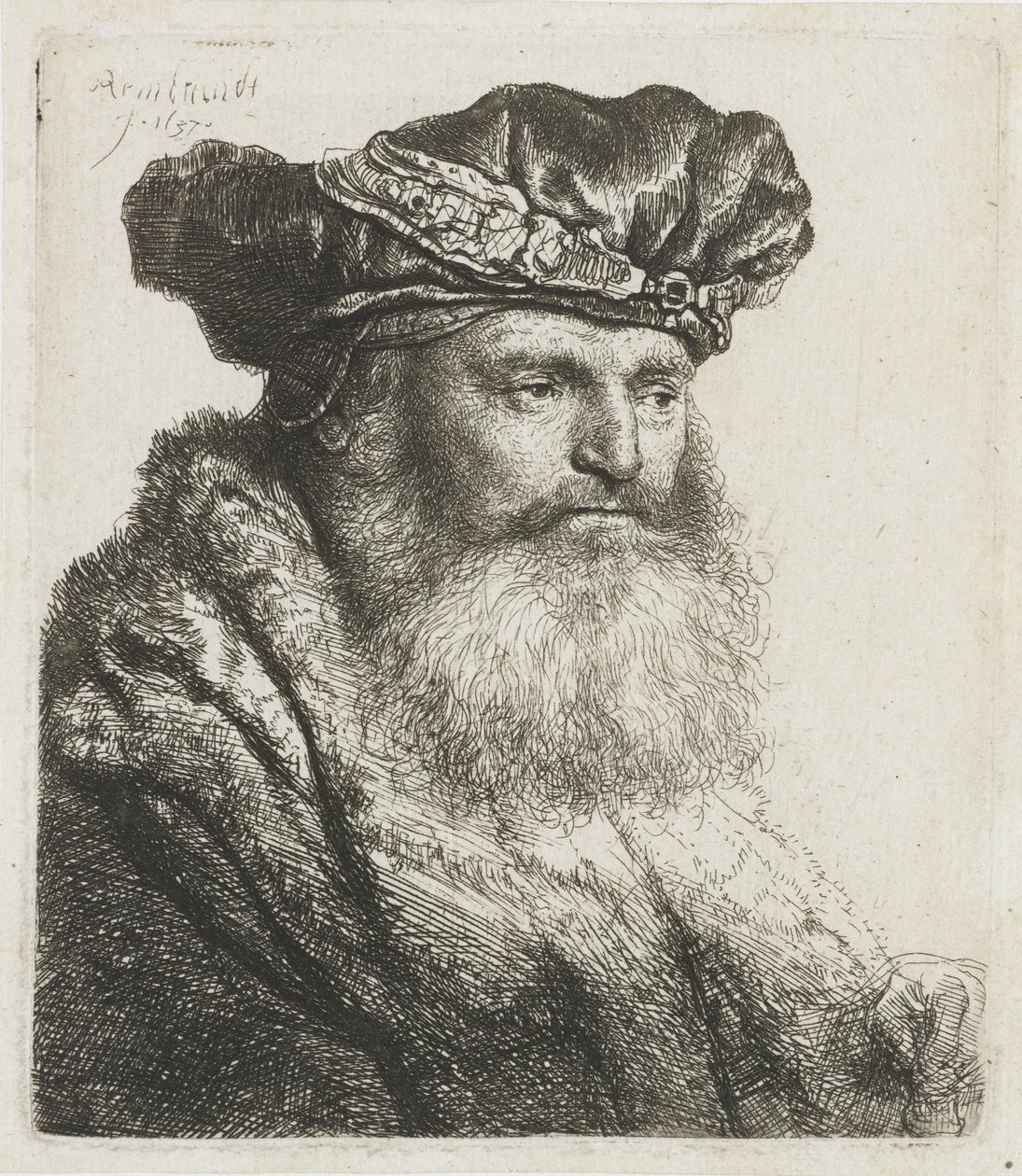 Skäggig man i sammetsbasker med ett juvellås, 1637 av Rembrandt van Rijn