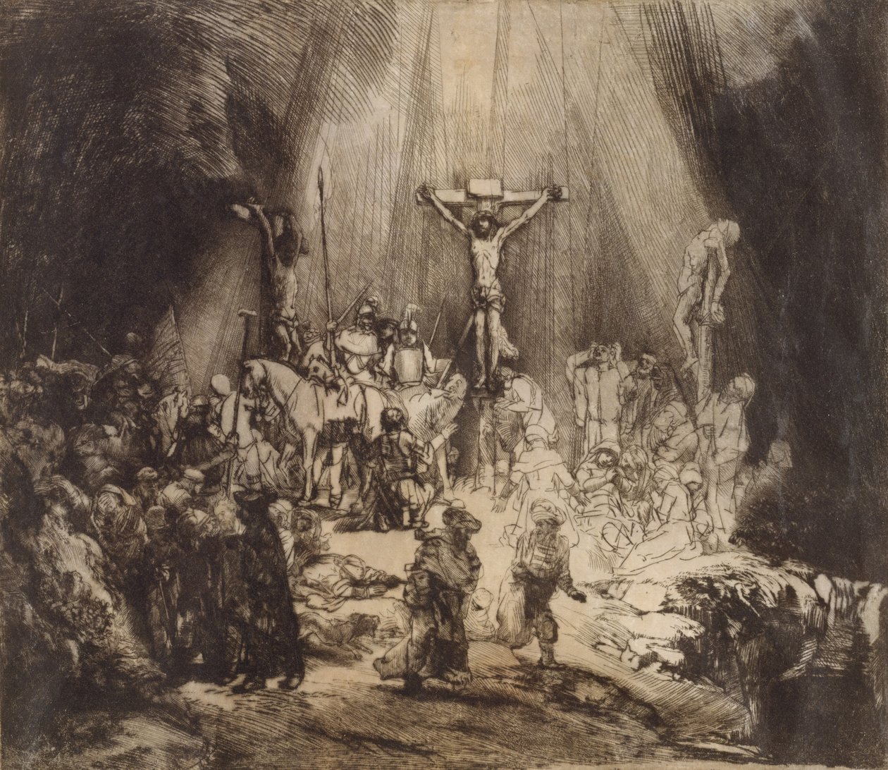 Kristus korsfäst mellan de två tjuvarna: De tre korsen, 1653 av Rembrandt van Rijn