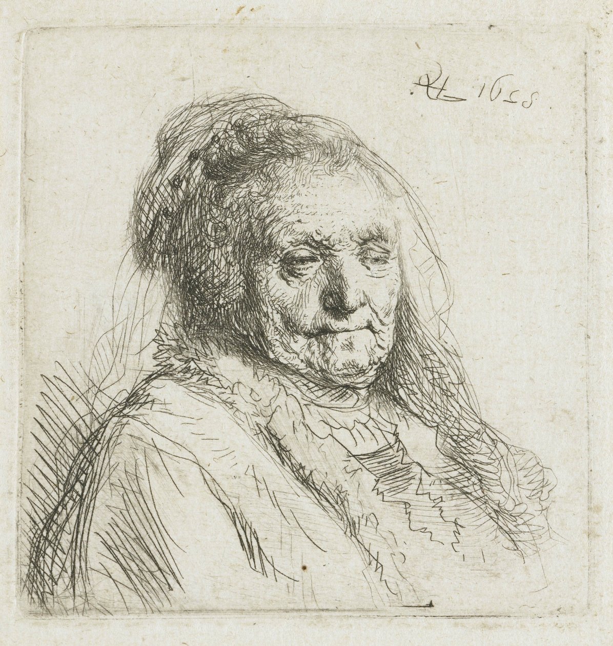 Rembrandts mor, huvud och axlar, tre fjärdedelar till höger, 1628 av Rembrandt van Rijn