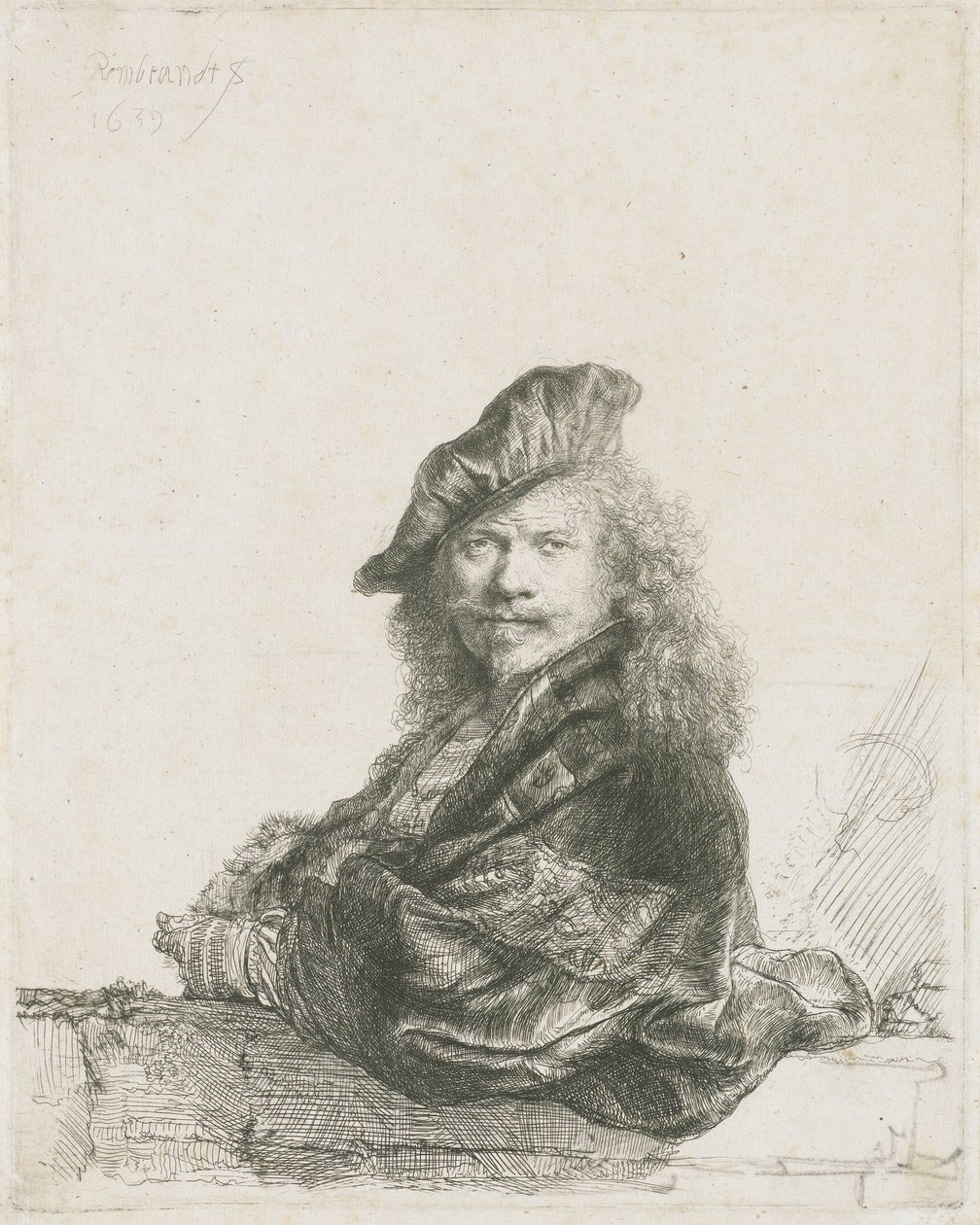 Självporträtt lutande underarm på en vägg, 1639 av Rembrandt van Rijn