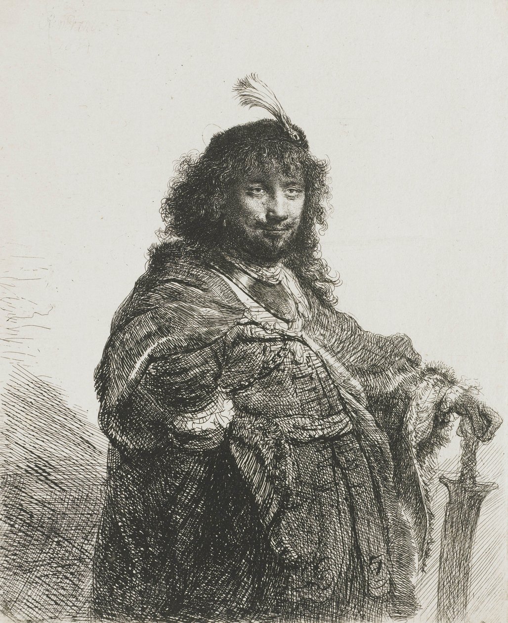 Självporträtt(?) med plymerad basker, lutande hand på ett svärd, 1634 av Rembrandt van Rijn