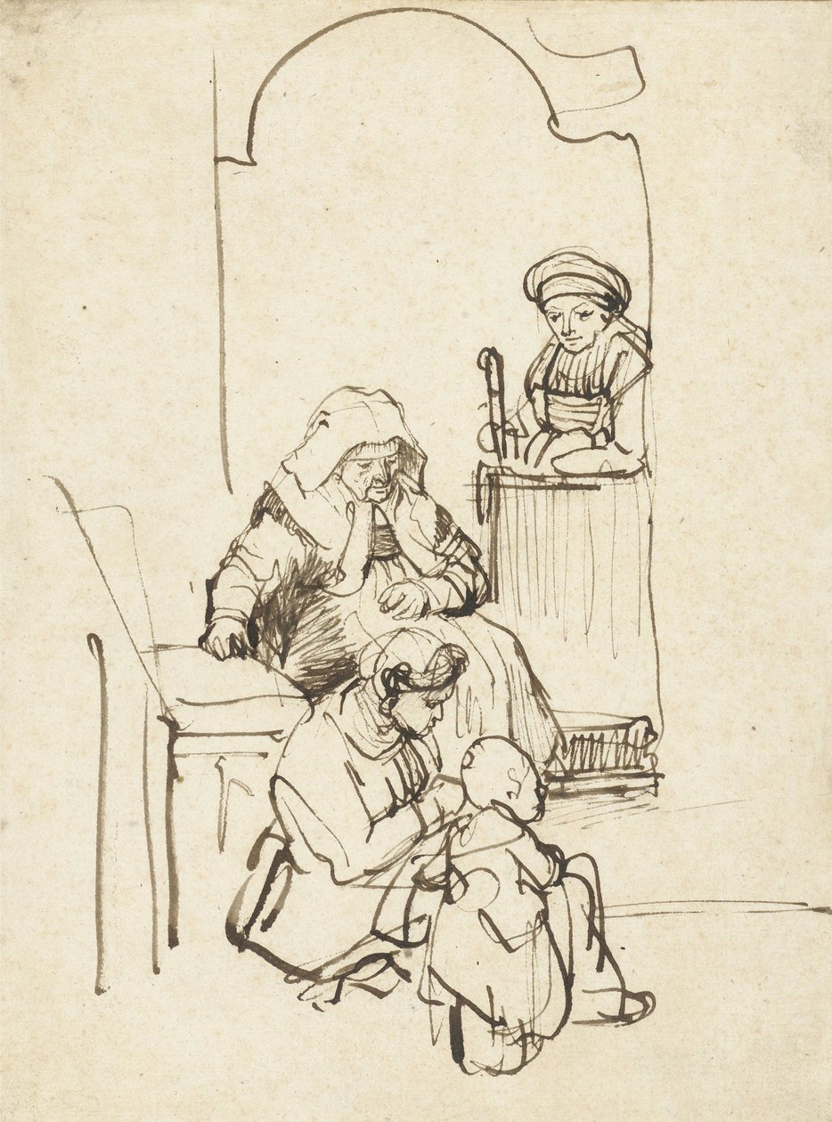 Tre kvinnor och ett barn vid en dörr, c.1645 av Rembrandt van Rijn