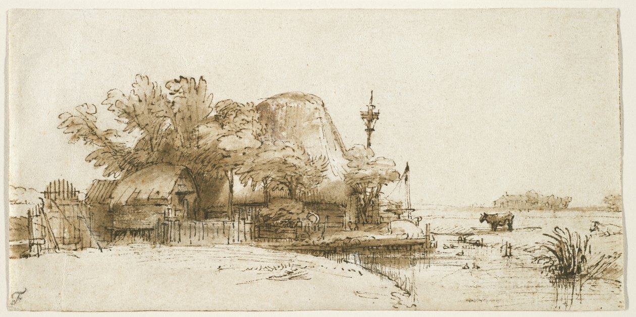 A Farm on the Amsteldijk, ca 1650-52 (penna & bläck och tvätt på papper) av Rembrandt van Rijn