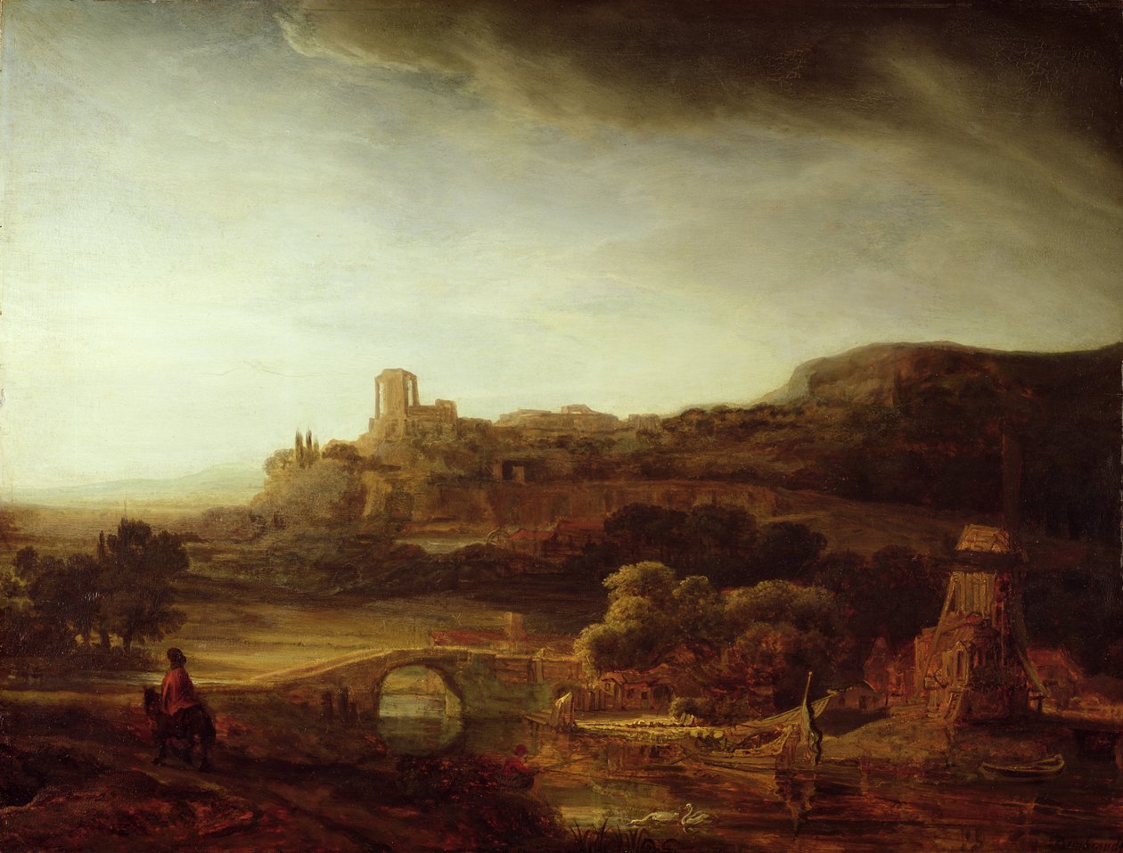 Landscape with River and Windmill  av Rembrandt van Rijn