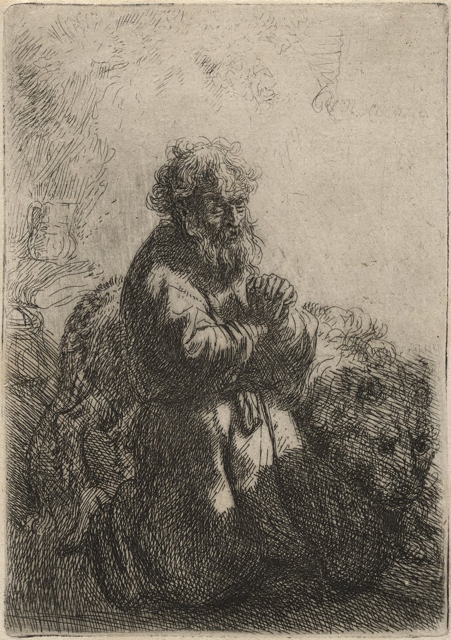 St Jerome knäböjer i bön, tittar ner, 1635 (etsat på papper) av Rembrandt van Rijn