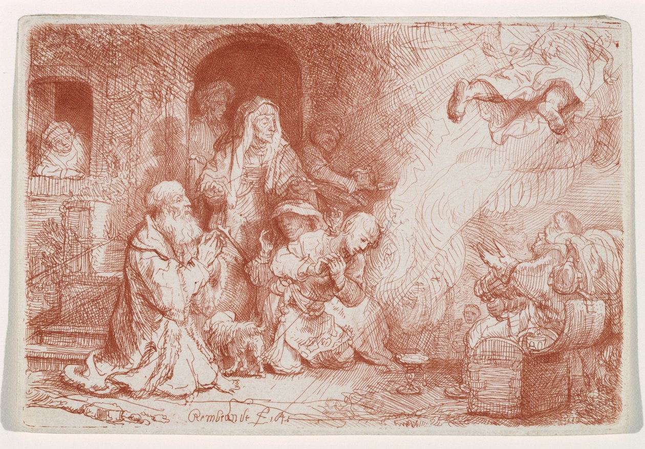 Ängeln som avgår från Tobias familj, 1641 (etsning med torrnål, tryckt i sangvinsk stil) av Rembrandt van Rijn
