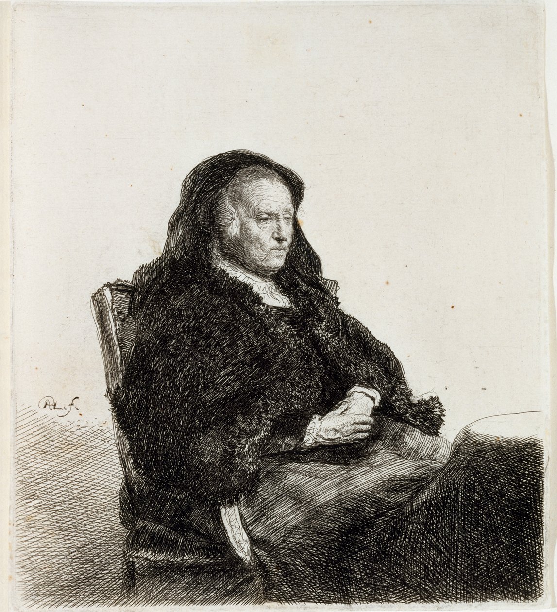 Konstnärens mamma sitter vid ett bord, ca 1631 (etsning och gravyr) av Rembrandt van Rijn