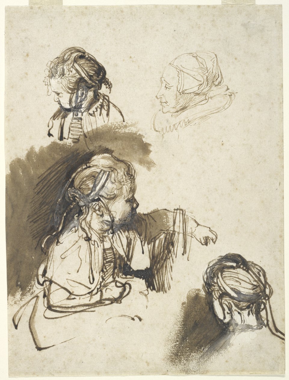 Tre studier av ett barn och en av en gammal kvinna (penna och bläck med wc på papper) av Rembrandt van Rijn