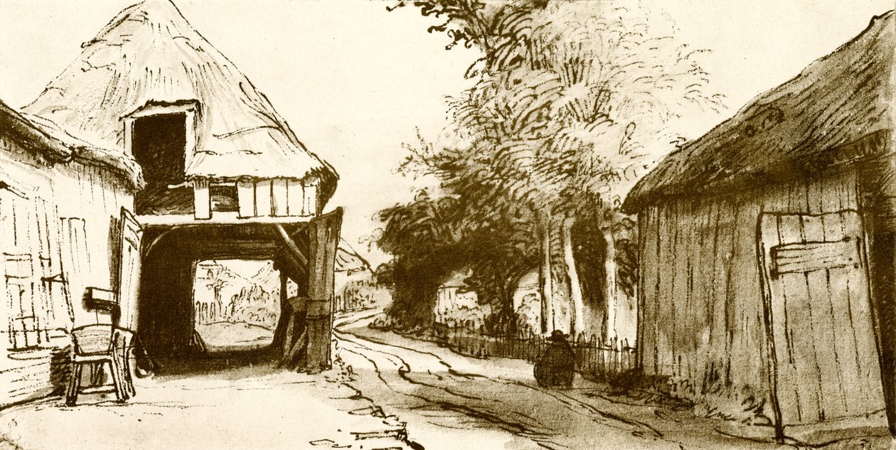 Byväg med vagnshus av Rembrandt van Rijn