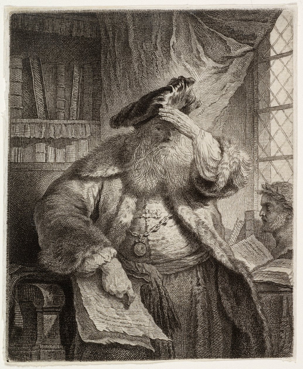 Gammal man skuggar ögonen med handen av after Rembrandt van Rijn
