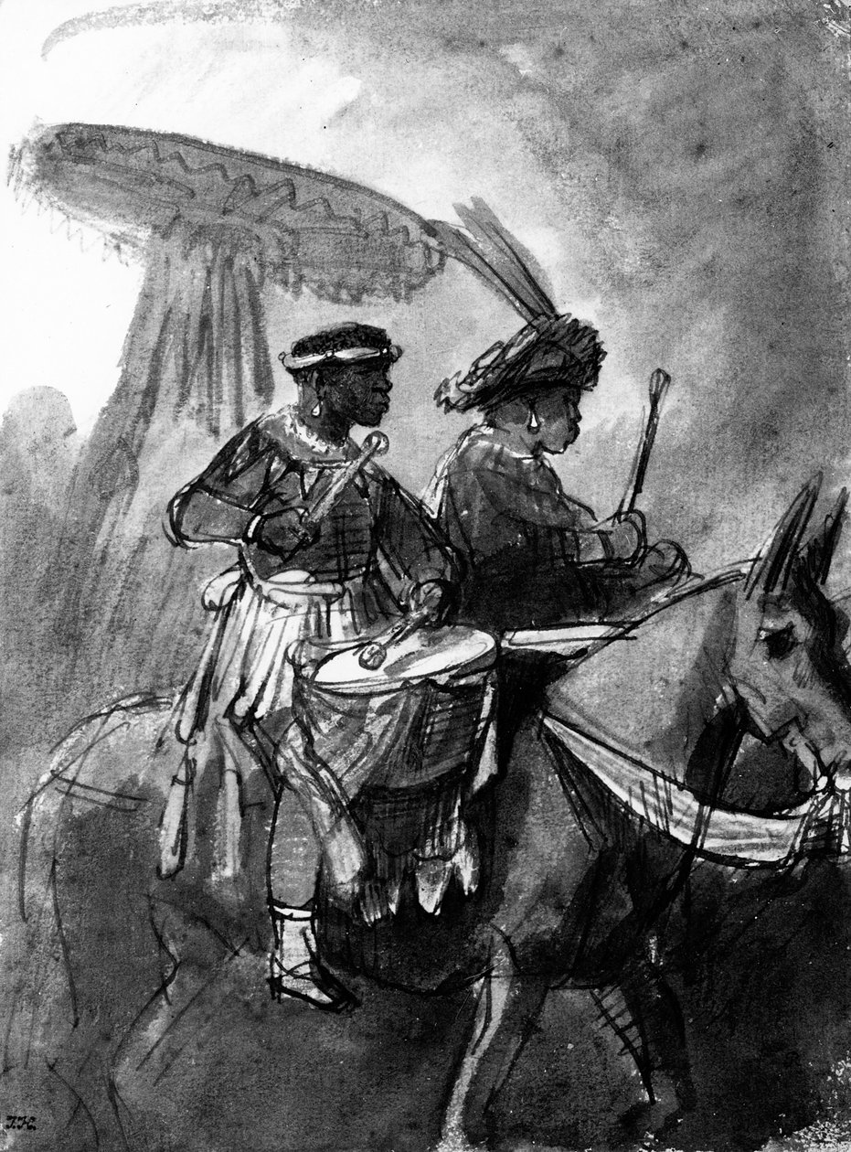 Mpiga ngoma na Kamanda aliyepandishwa juu ya nyumbu, c.1638 (kalamu, wino na kuosha kwenye karatasi) av Rembrandt van Rijn
