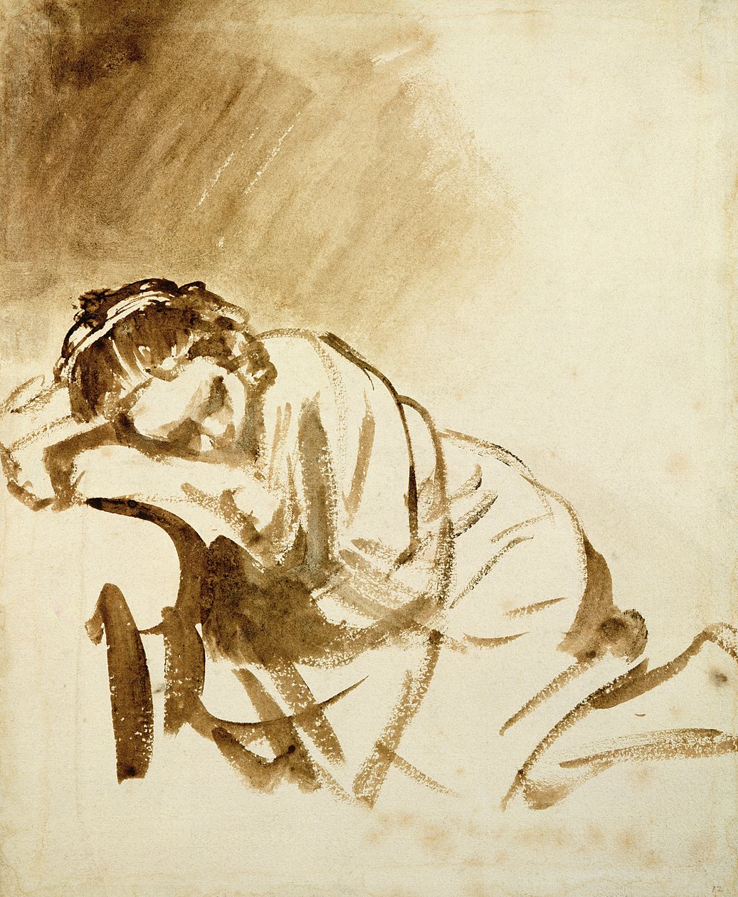 A Young Woman Sleeping (Hendrijke Stoffels) c.1654 (borste och brun tvätt på papper) av Rembrandt van Rijn