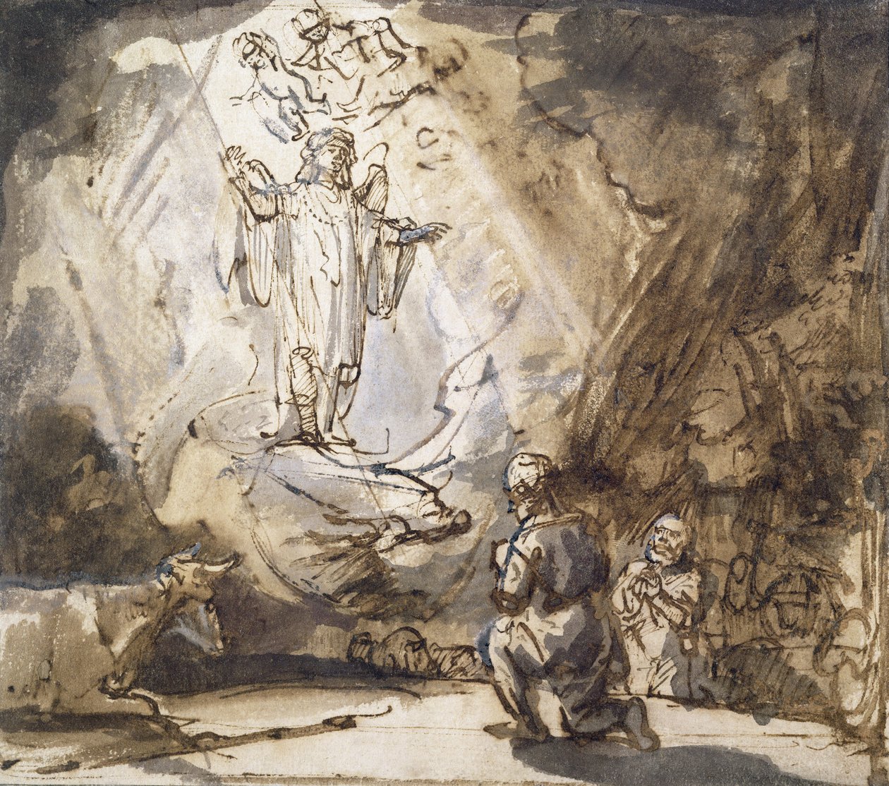 Bebådelse till herdarna (penna och bläck på papper) av Rembrandt van Rijn