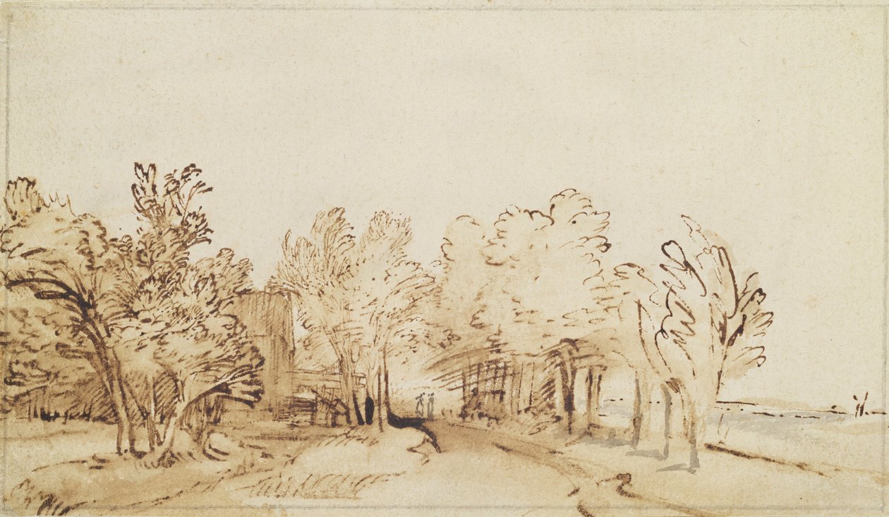 Aveny med en gångstig och en bondgård till vänster (penna och brunt bläck och pensel på papper) av Rembrandt van Rijn