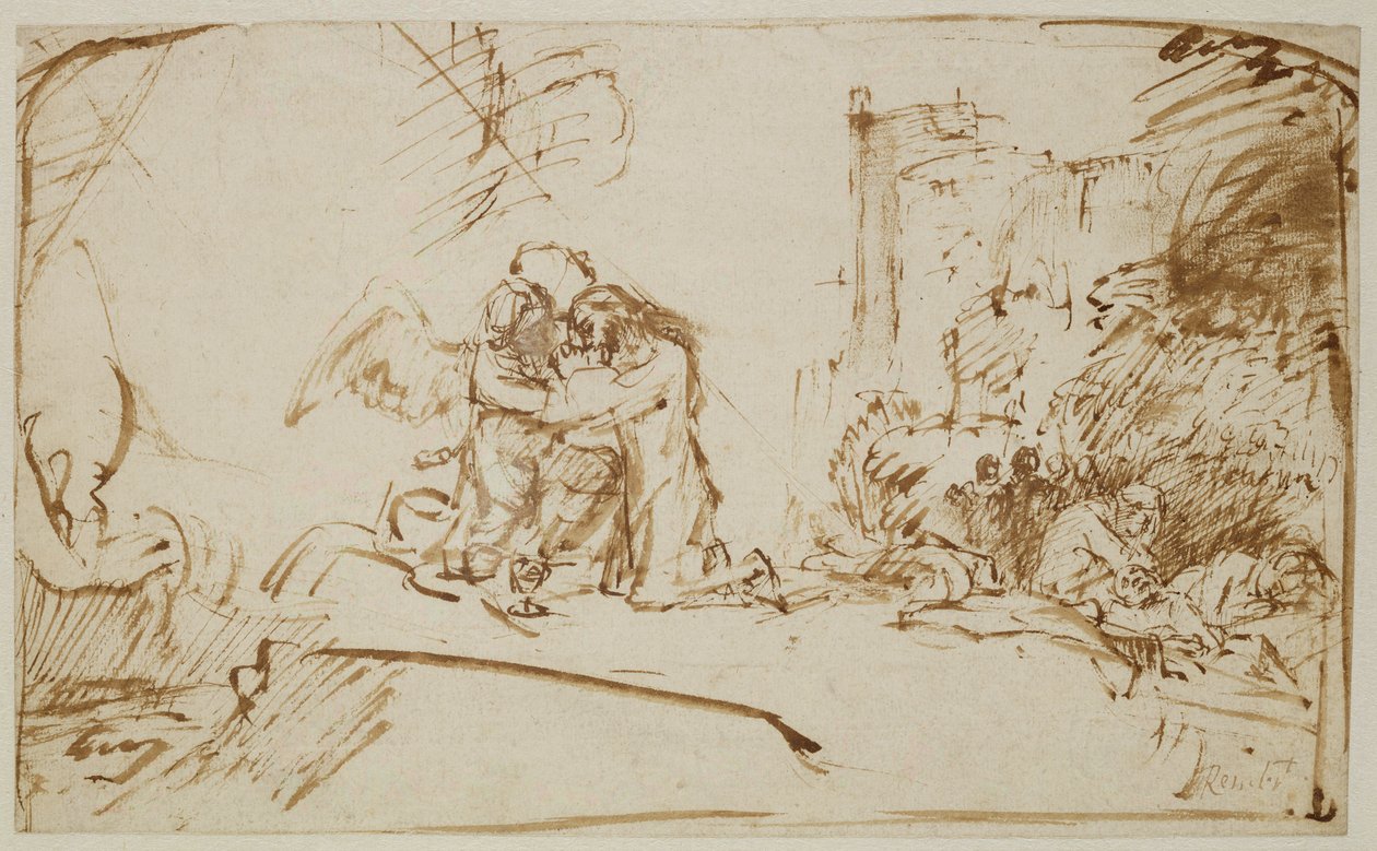 Kristus på Oliebjerget (pen, pensel og brunt blæk på papir) sved av Rembrandt van Rijn