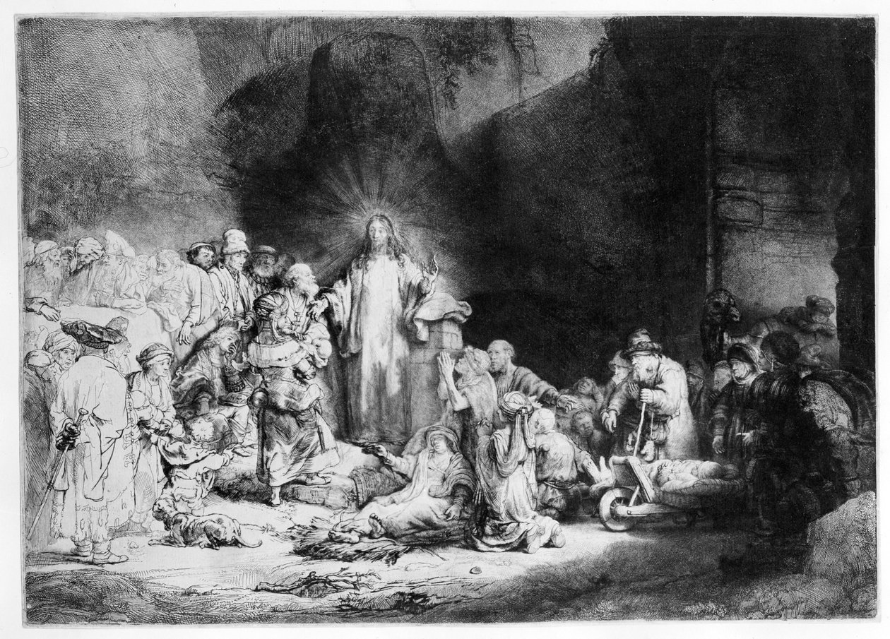 Kristus predikar i ett stenigt landskap, ca 1645 av Rembrandt van Rijn