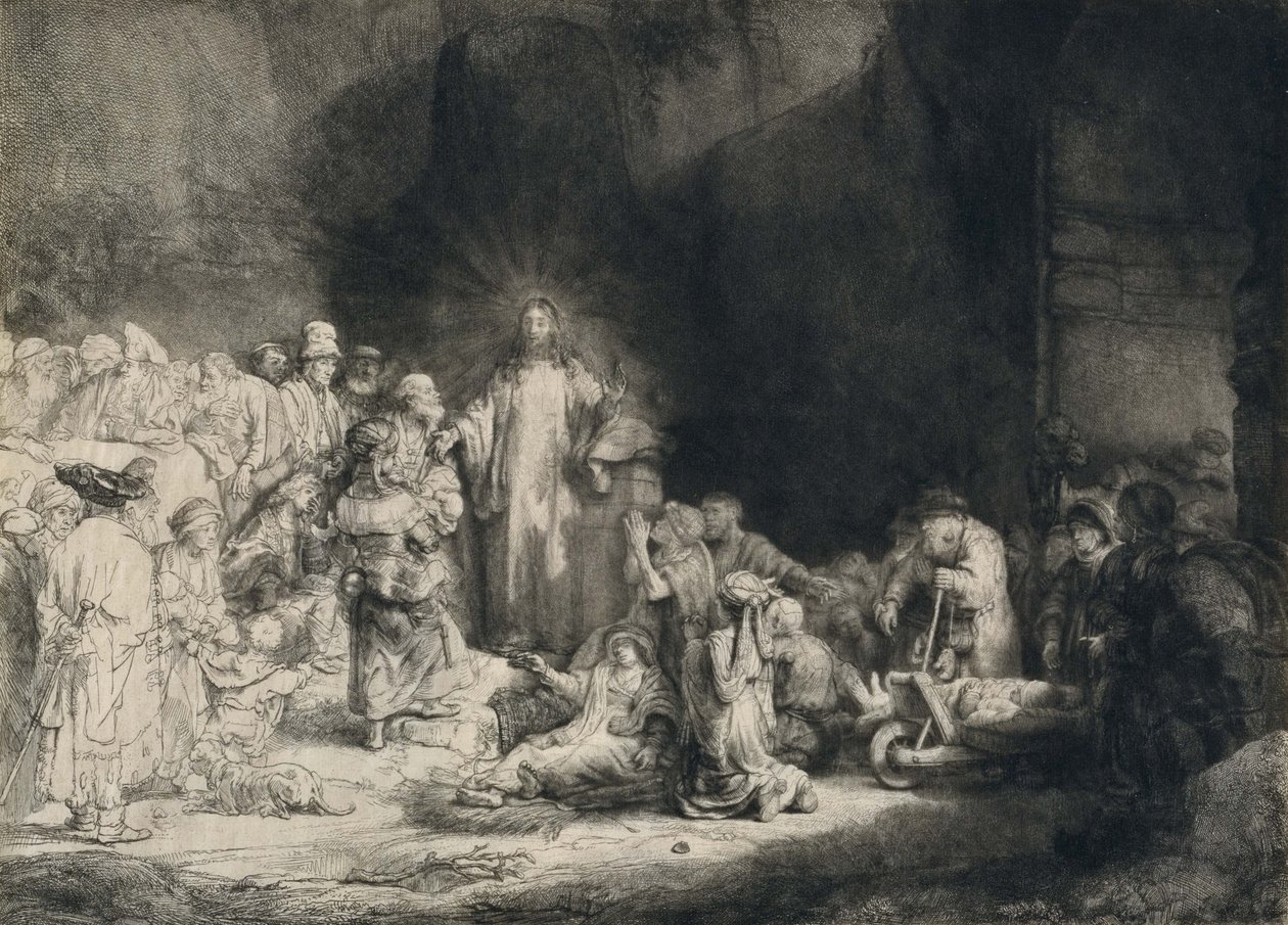 Christ with the Sick around Him, Receiving Little Children (The Hundred Guilder Print) av Rembrandt van Rijn