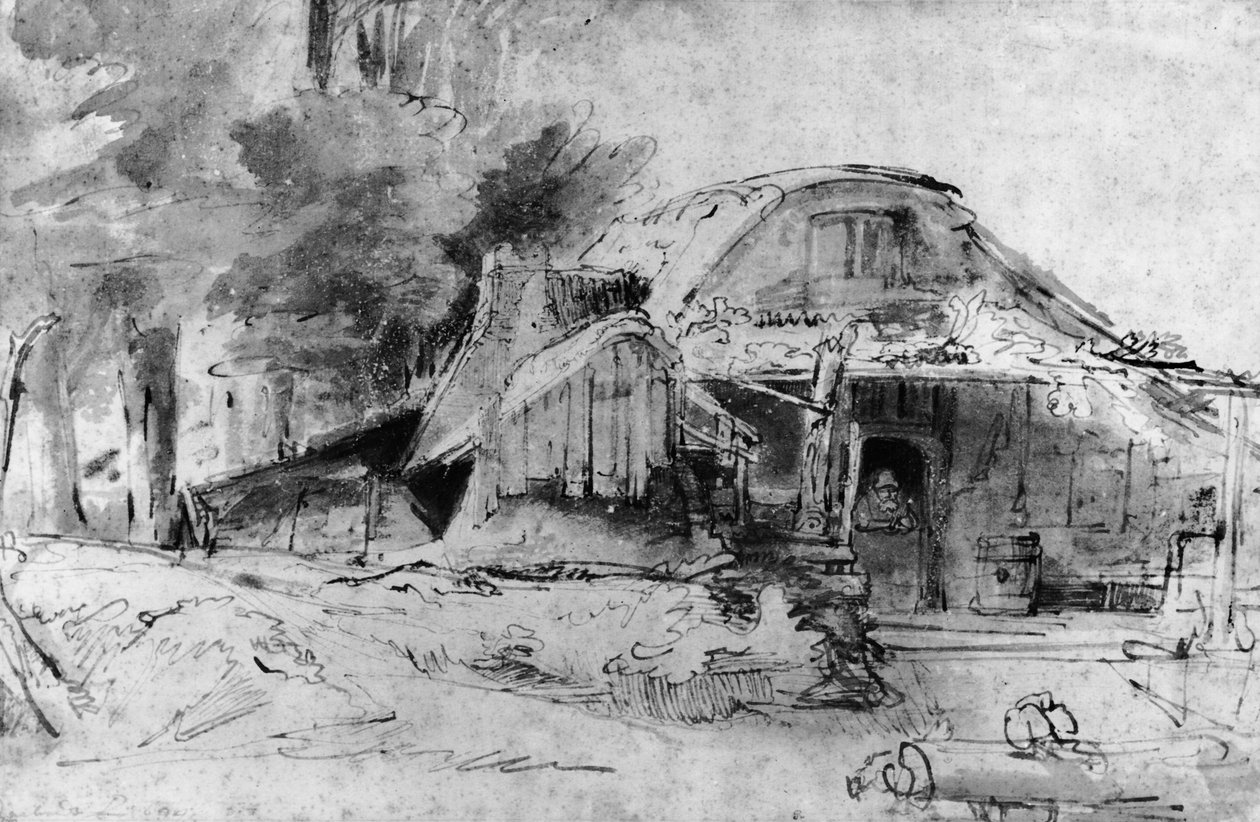 Stuga i utkanten av ett trä (penna, bläck och brun tvätt på papper) av Rembrandt van Rijn