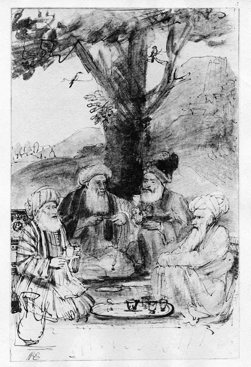 Fyra orientaler sittande under ett träd, ca 1659 (penna, bläck och tvätt på papper) av Rembrandt van Rijn