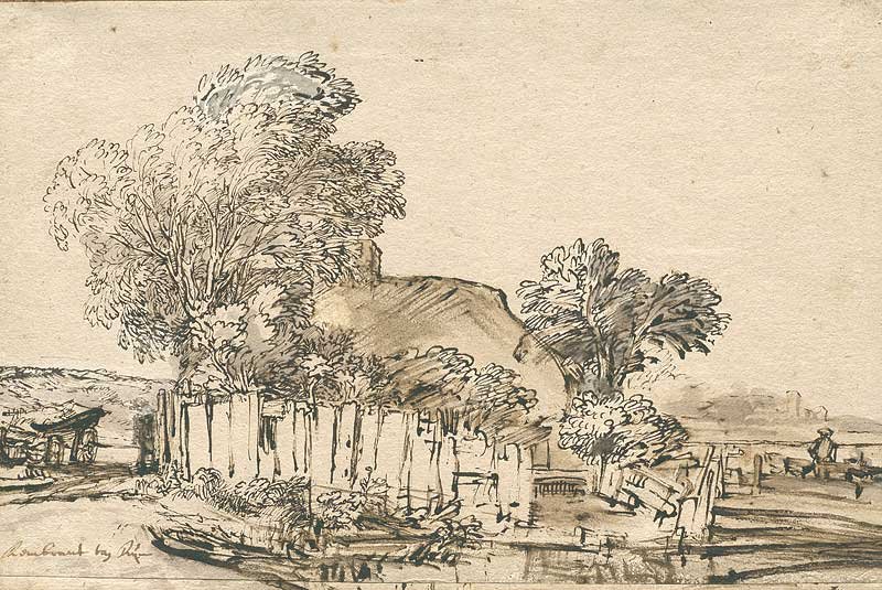 Huisje met houten omheining tussen bomen  av Rembrandt van Rijn