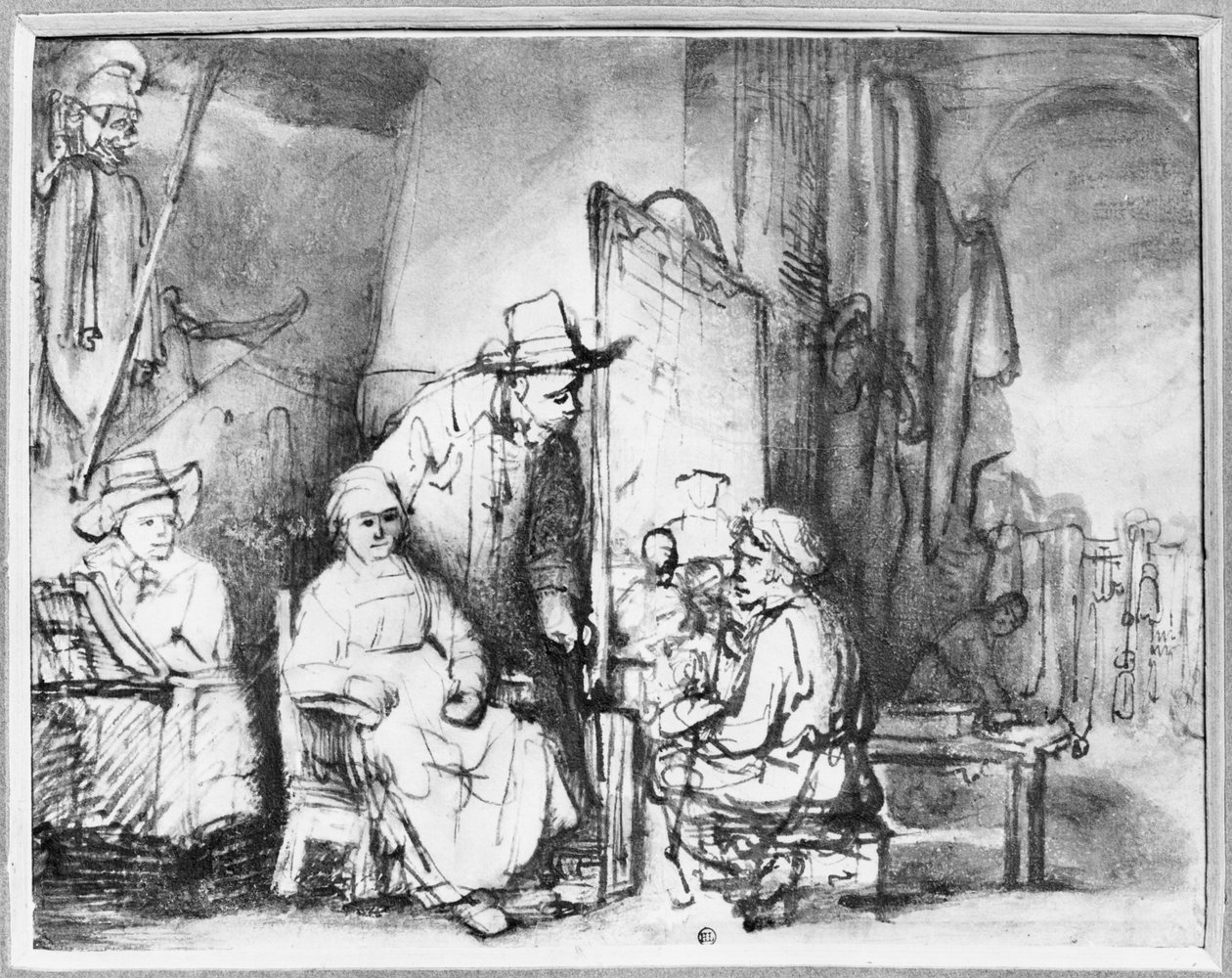 Interiör i en studio med en målare som målar porträttet av ett par (penna, bläck, bistre och tvätt på papper) av Rembrandt van Rijn