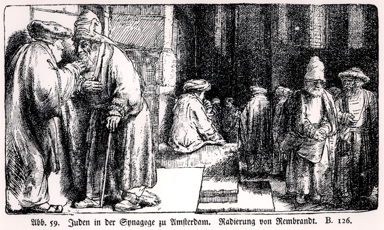 Judar i synagogan i Amsterdam, graverad av konstnären av Rembrandt van Rijn