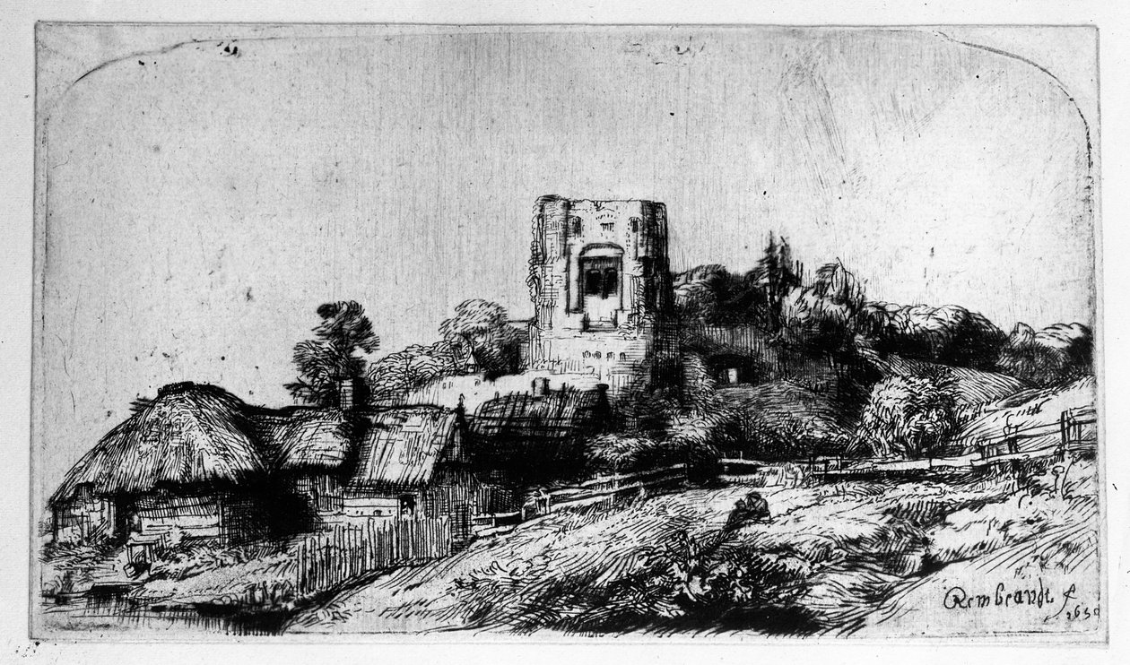 Landskap med torn, 1650 av Rembrandt van Rijn