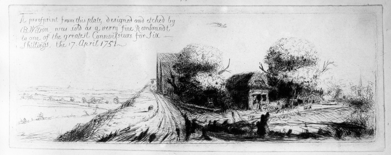 Landskap med landsväg och stugor, etsat av Benjamin Wilson, 1751 av Rembrandt van Rijn