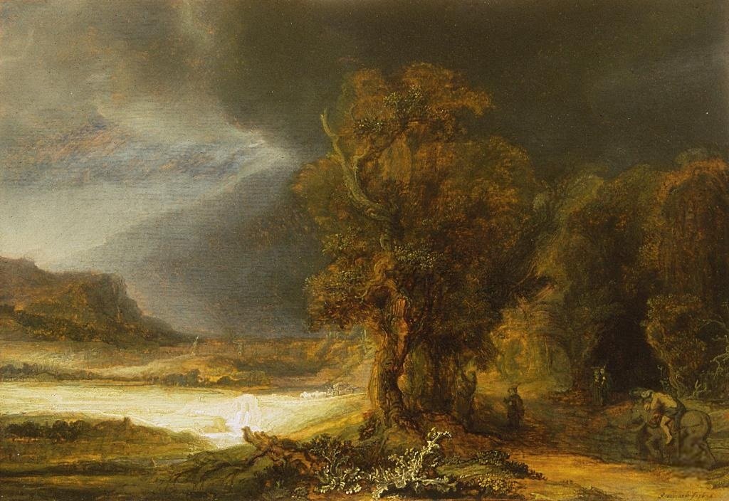 Landscape with the Good Samaritan av Rembrandt van Rijn