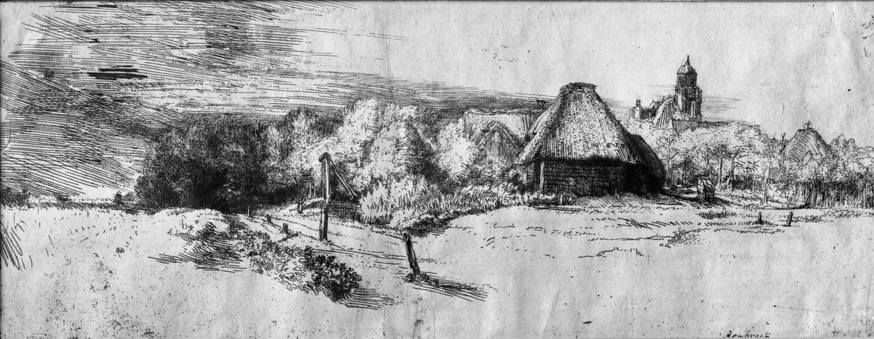 Stort landskap med ett torn, c.1650 av Rembrandt van Rijn