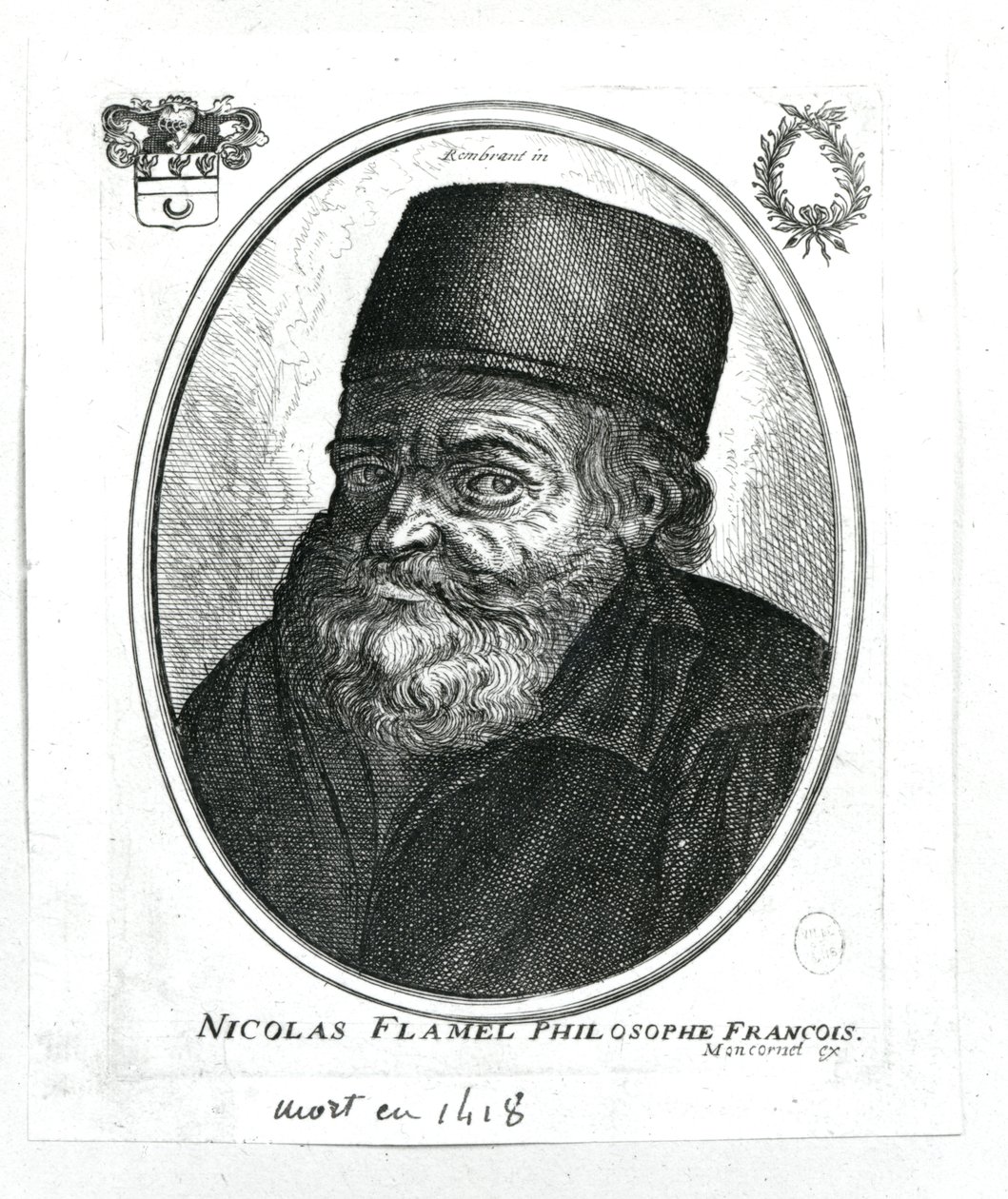 Nicolas Flamel (c.1330-1418) graverad av Balthazar Moncornet (c.1600-68) av Rembrandt van Rijn