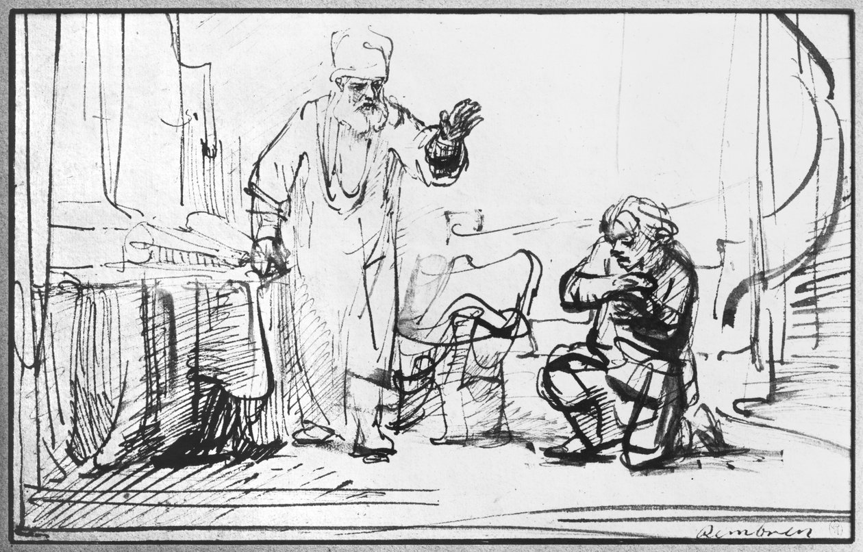 Liknelse om den hänsynslösa fordringsägaren (pen und bistre på papper) av Rembrandt van Rijn