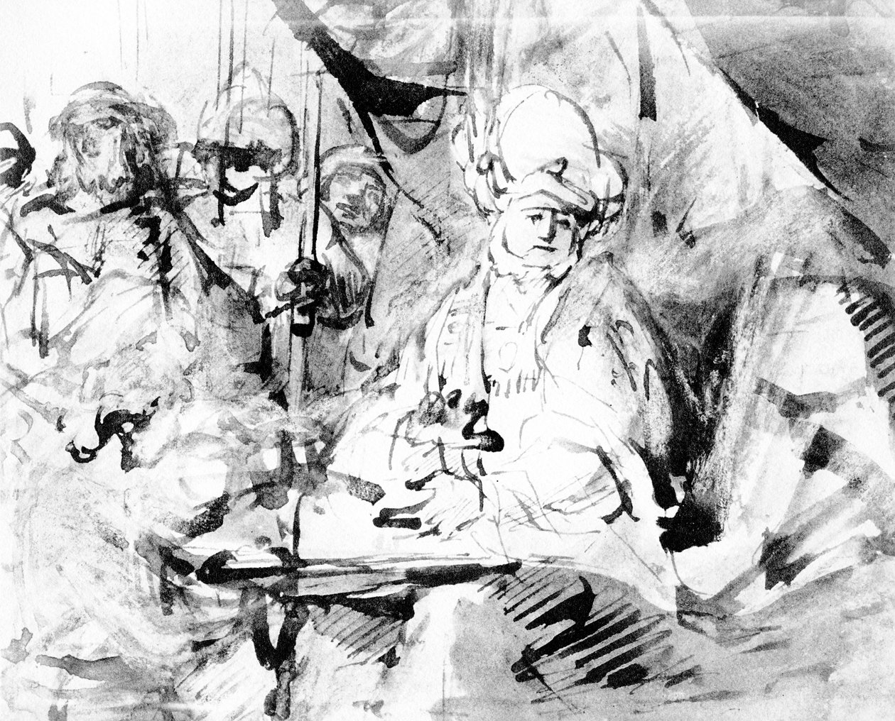 Pilatus tvättar händerna, ca 1665 (penna, bläck och tvätt på papper) av Rembrandt van Rijn