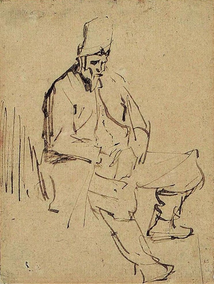 Sittande man med hög keps av Rembrandt van Rijn