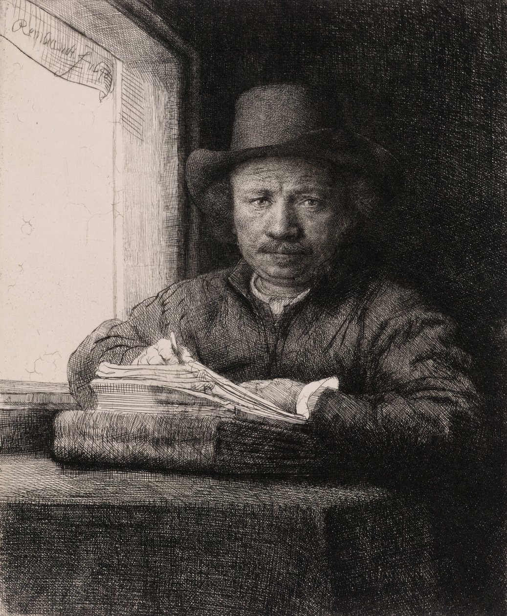 Self Portrait Drawing at a Window av Rembrandt van Rijn