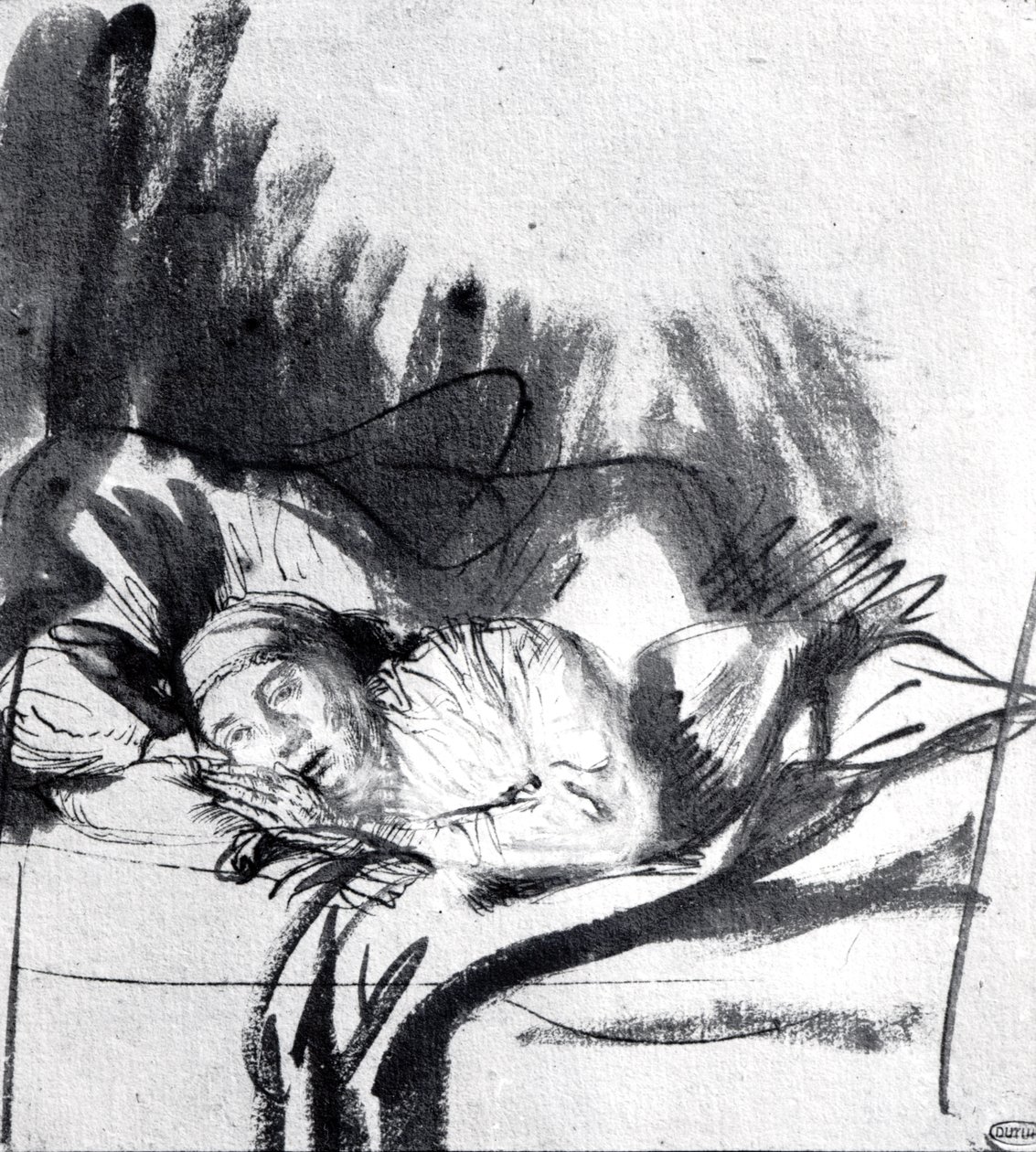 Syg kvinde i en seng, måske Saskia, malerens hustru, ca. 1640 (pen und bistre på papir) swed av Rembrandt van Rijn