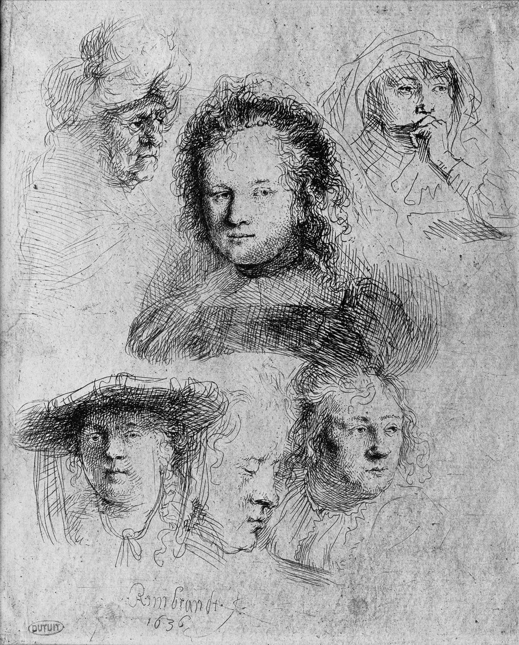 Sex huvuden med Saskia van Uylenburgh (1612-42) i centrum, 1636 av Rembrandt van Rijn