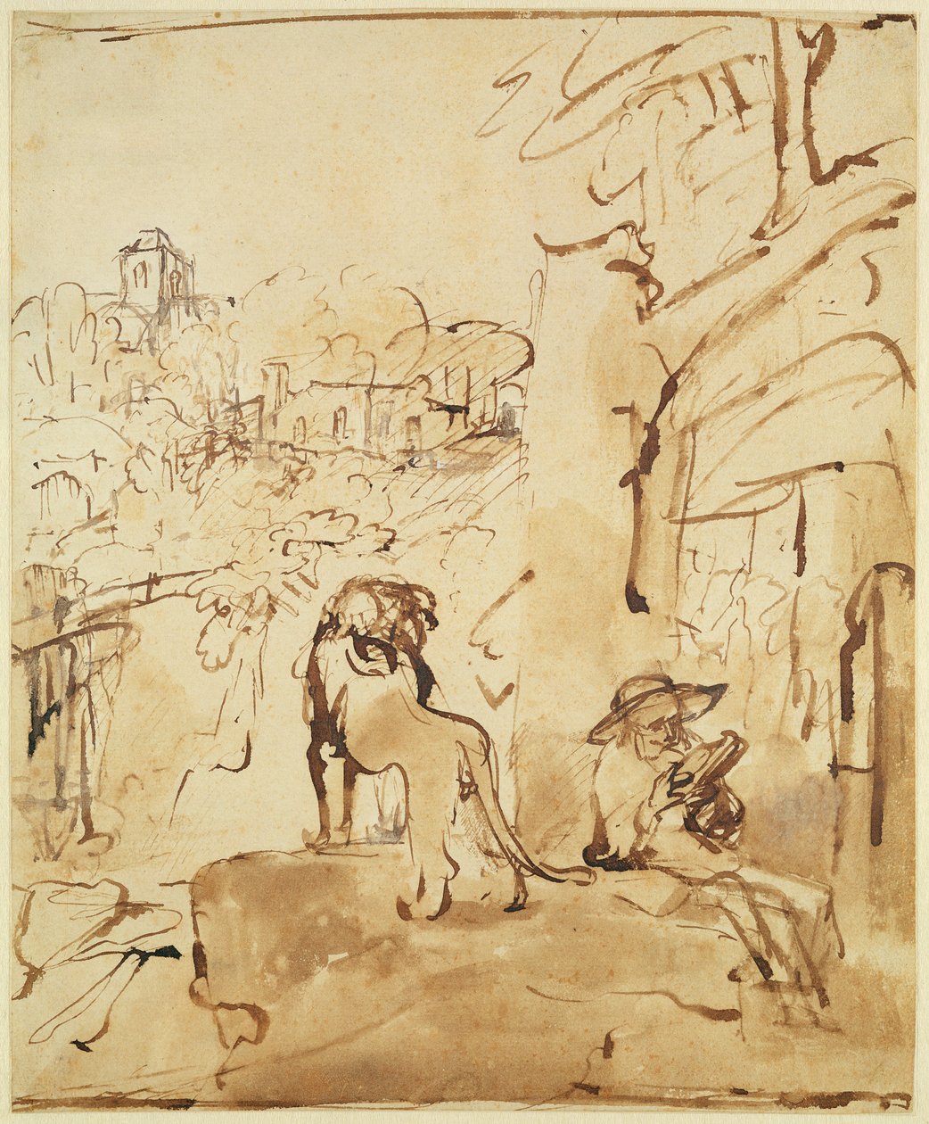 St. Jerome läser i ett landskap av Rembrandt van Rijn
