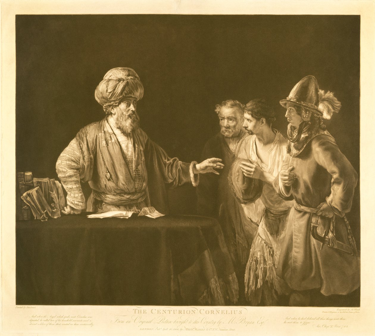 Den romerske centurionen Cornelius beordrar sina tjänare att gå till Joppe för att be aposteln Petrus att besöka honom i Caeserea, graverad av James Ward (1769-1859) 1800 (brun och vit gravyr) av Rembrandt van Rijn