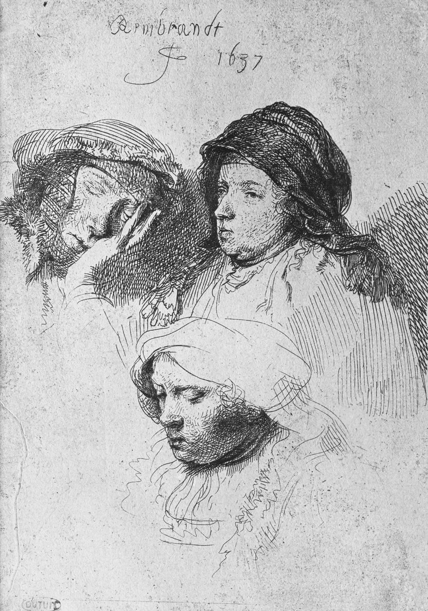 Tre kvinnliga huvuden med ett sovande, 1637 av Rembrandt van Rijn