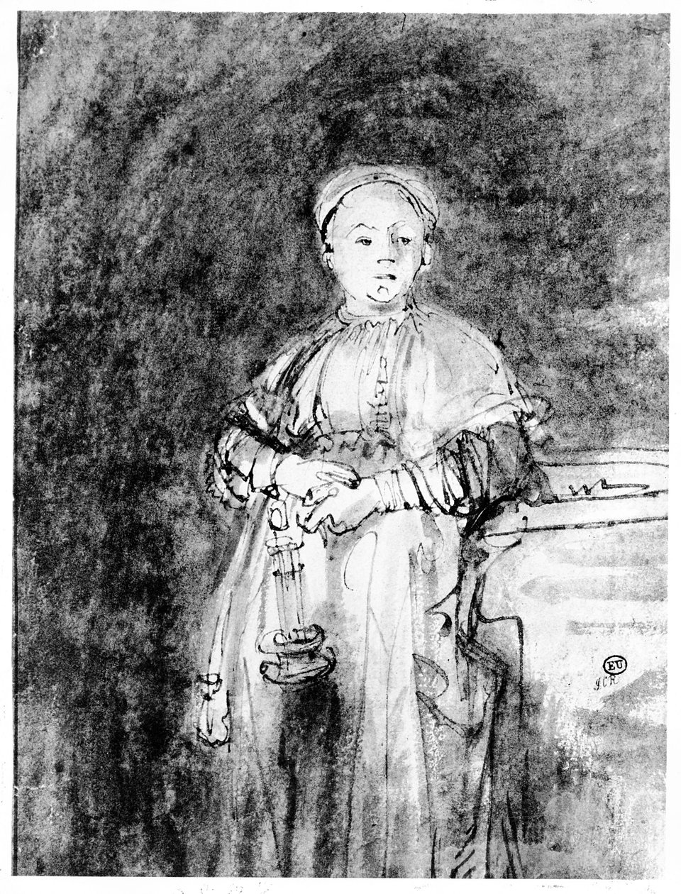 Kvinna med ett ljus, ca 1631 (penna, bläck och tvätt på papper) av Rembrandt van Rijn