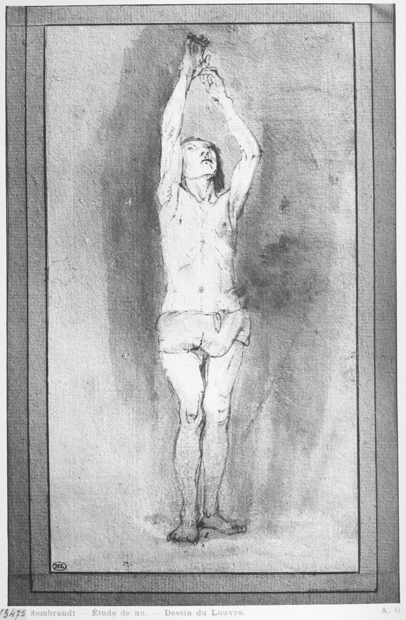 Ung pojke med en ländväv, båda händerna hängda på en liten stång (penna, brunt bläck och tvätt på papper) av Rembrandt van Rijn