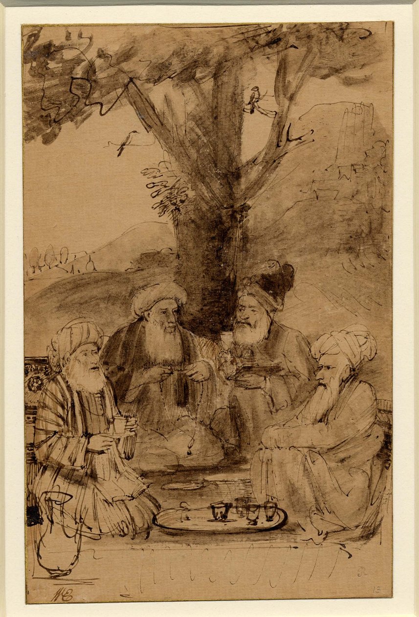 Fyra mullor sittande under ett träd, Rembrandt, ca 1656-61 av Rembrandt