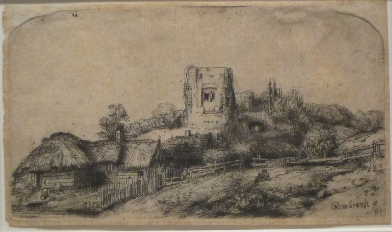 Landskap med ett fyrkantigt torn av Rembrandt