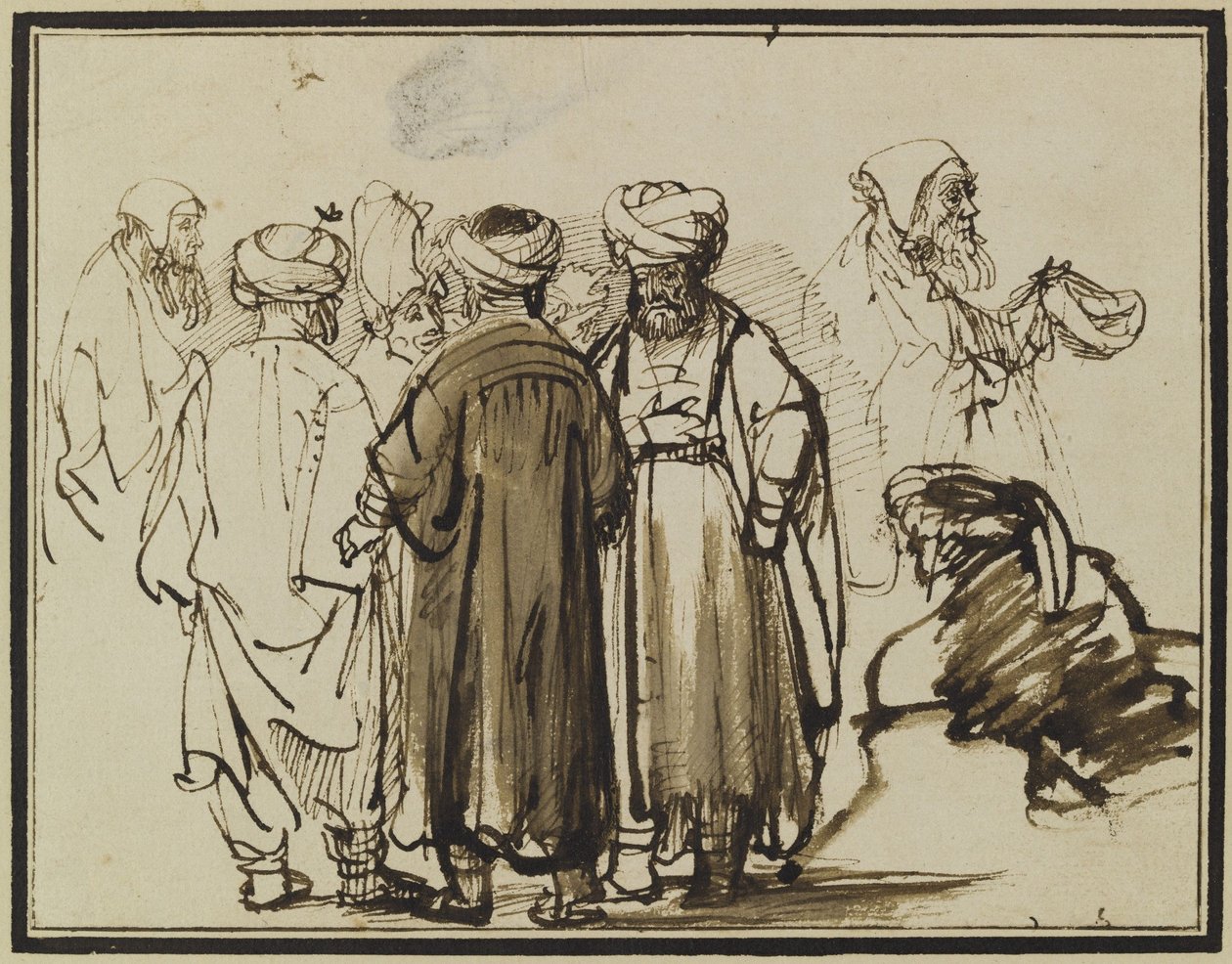 Män i orientalisk klädsel och två studier av en tiggare i halvfigur. av Rembrandt
