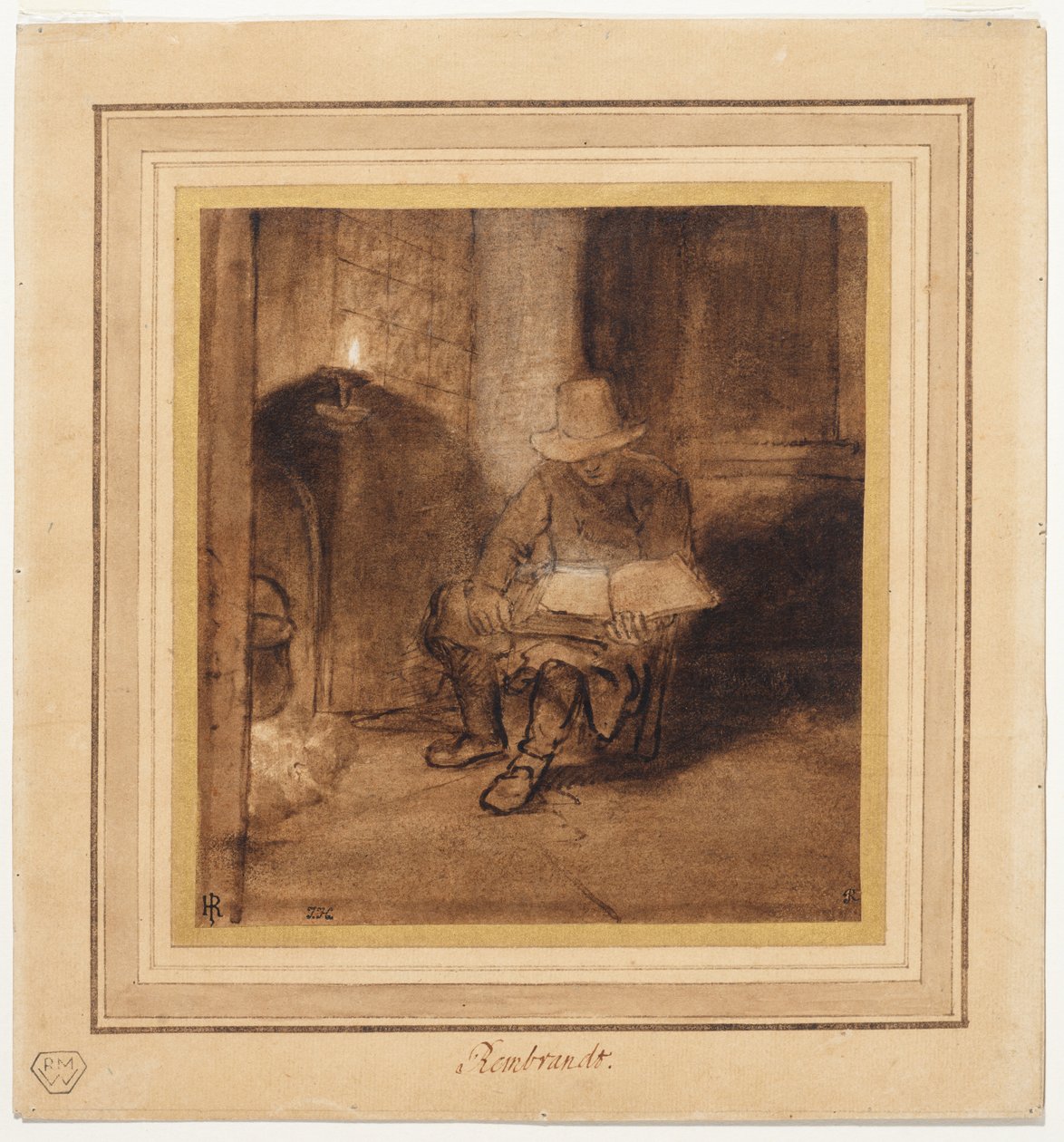 Interiör, med en man som sitter vid en brasa och läser i lampans sken (recto) av Rembrandt Harmensz. van Rijn (circle of)